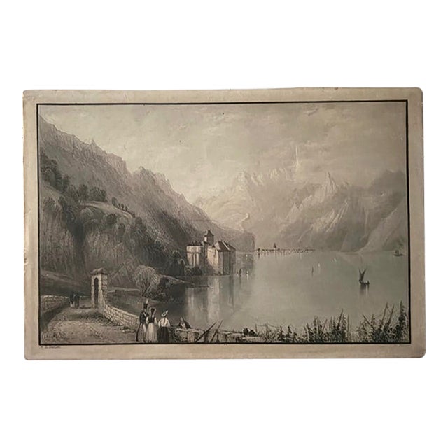 Antique Original Print - Castle of Chillon, Lake Geneva Switzerland, Signed Wh Bartlett - 1836 For Sale