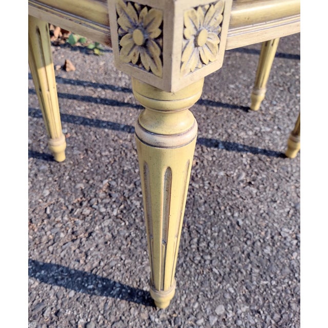 Maison Jansen Antique 1940's Leather Oval Back Saffron Yellow Louis XVI Dining or Game Table Set- Maison Jansen Inspired - Set of 5 For Sale - Image 4 of 12