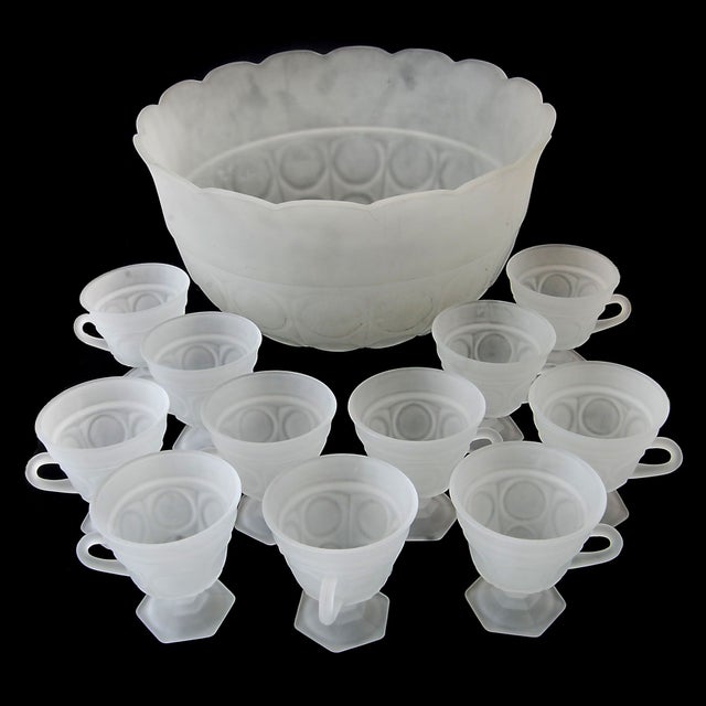 12pc MidCentury Frosted Glass Punch Bowl & Cups Chairish