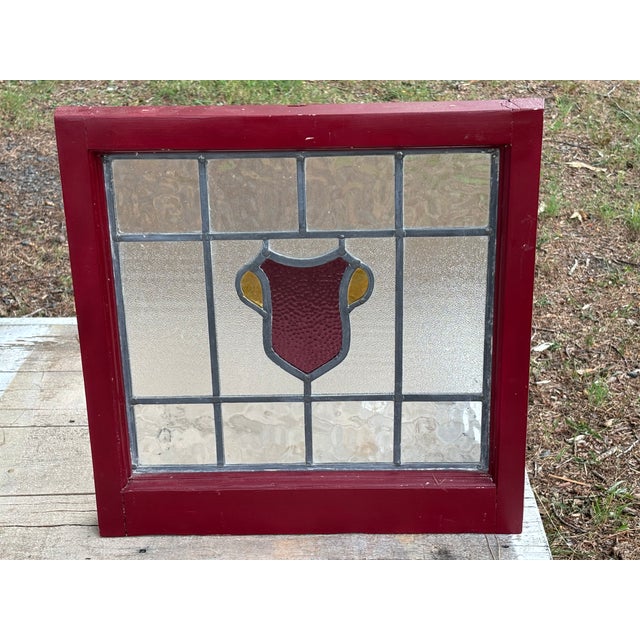 20th Century Stained Glass Window in a large, original wooden frame. Double sided, featuring both smoked and clear glass...