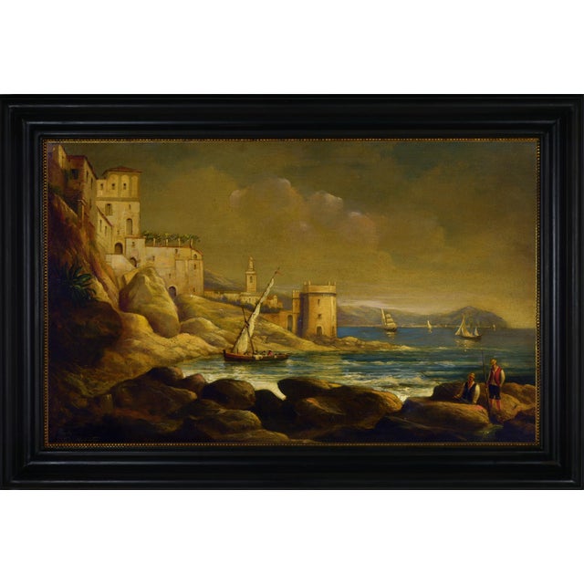 Black Paolo De Robertis, Coastal Landscape with Fishing Boats and Figures, Oil on Jute Canvas For Sale - Image 8 of 8