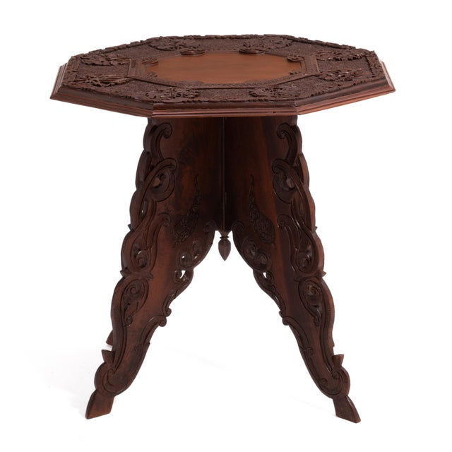 Early 20th Century Anglo Indian Intricately Carved Teak Folding Campaign Table Octagon Top For Sale - Image 5 of 17