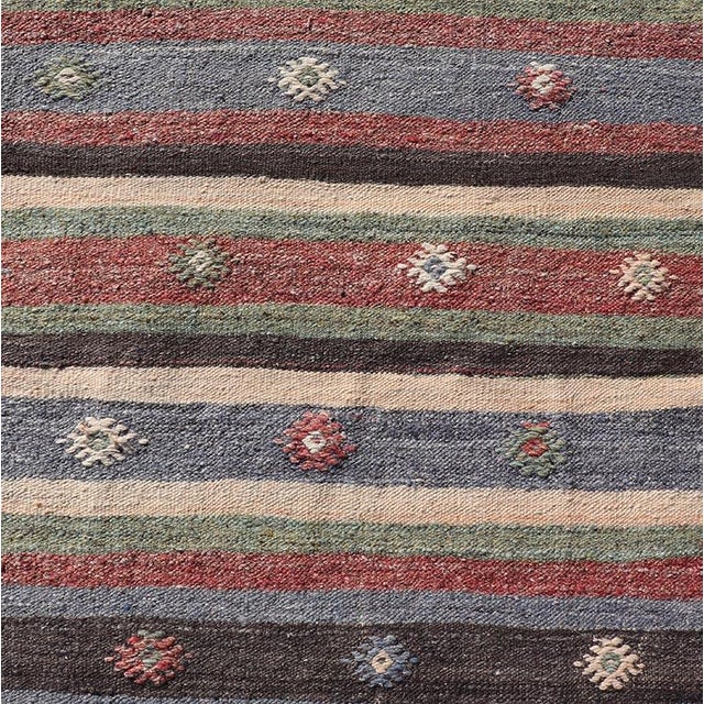 Mid 20th Century Turkish Vintage Kilim Striped Runner With Tribal Motifs in Copper and Greens For Sale - Image 5 of 11