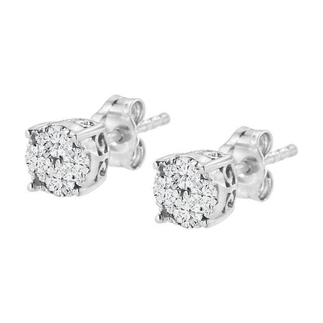 .925 Sterling Silver 1/2 cttw Prong Set Round-Cut Diamond Cluster Stud Earrings, A Pair For Sale - Image 4 of 6