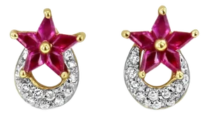 Briolette Ruby Star Shaped & Diamond Pave Crescent Studs 1.04cttw 14k Yellow Gold, 2 Pieces