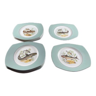 Set of 12 - Mid 20th Century Figgjo Norwegian Mid-Century Sage Green Porcelain Dinner Plates For Sale