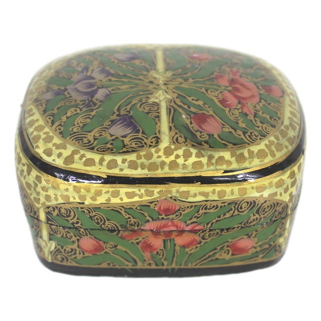 Vintage Hand Painted Kashmir Lacquered Trinket Box For Sale