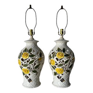 Hollywood Regency Italian Openwork Handmade Ceramic Table Lamps - a Pair For Sale