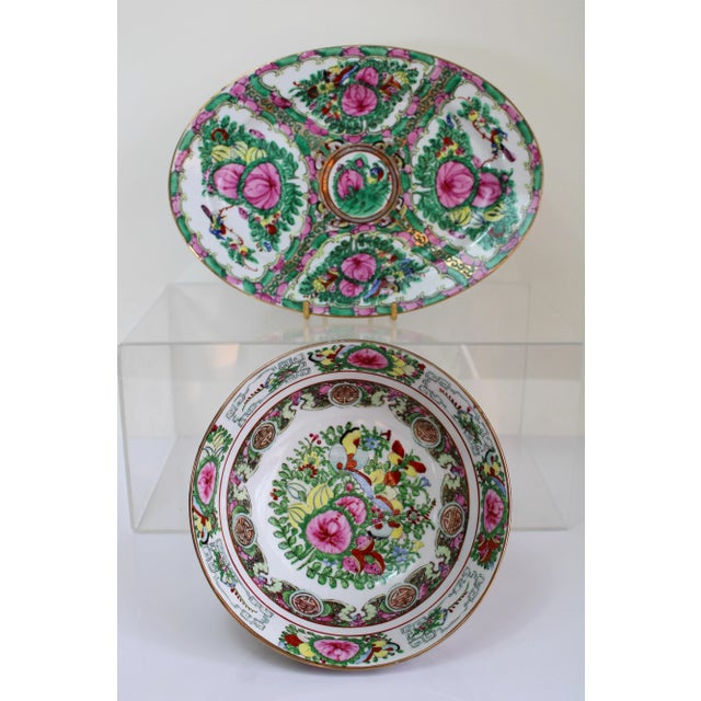 Chinoiserie Vintage Large Chinese Famille Rose Medallions Set Salad Bowl, Oval Platter, Tea Cups & Saucers, Mini Sake/Rice Bowls Set - 19 Pieces For Sale - Image 3 of 13