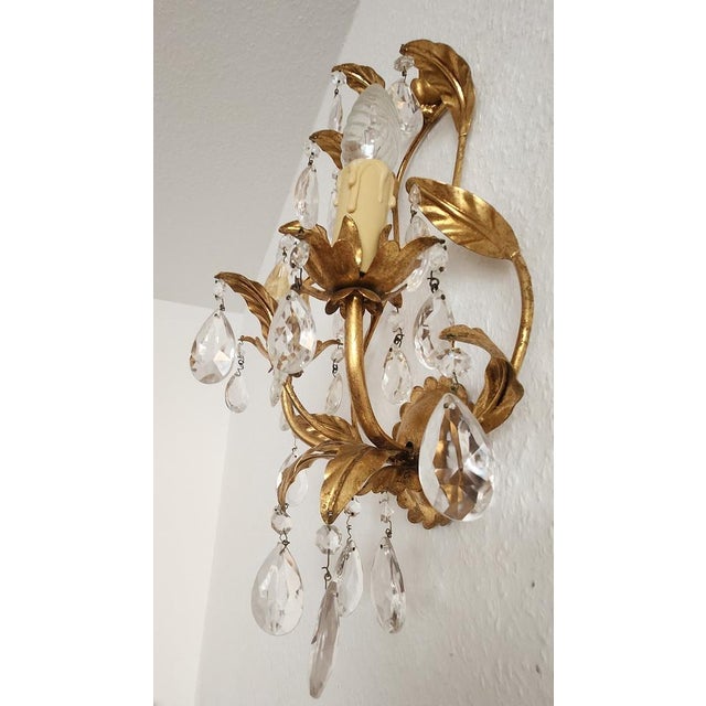 Hollywood Regency Hand-Forged Gold Leaf Gilded Floral 2-Light Wall Lamp with Crystals, 1950s For Sale - Image 10 of 18