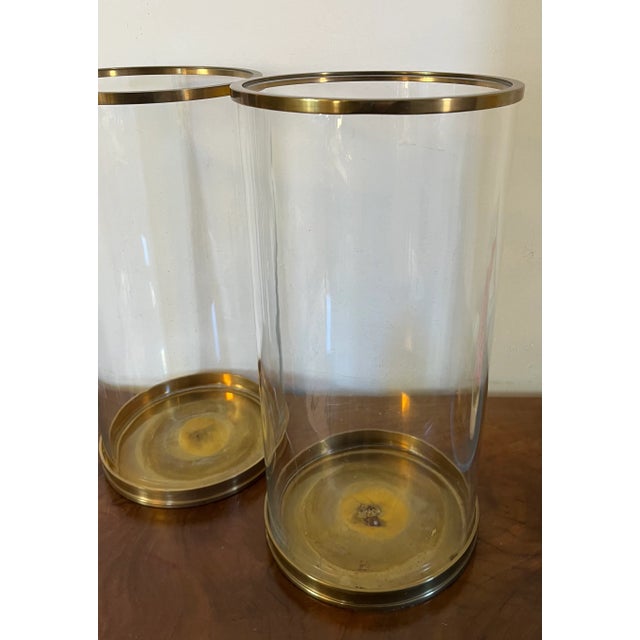 American Large Ralph Lauren Brass and Glass Hurricane Pillar Candle Shades - a Pair For Sale - Image 3 of 12