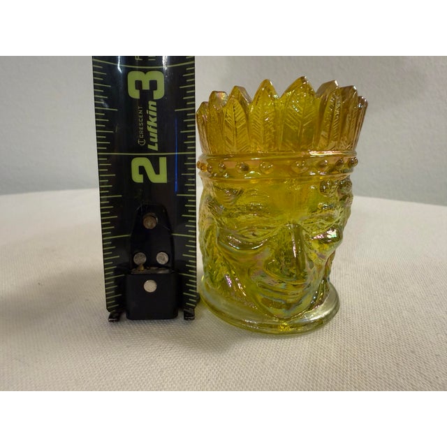 Amber 1960s Amber Carnival Glass Face Toothpick Holder | Figural Glass Crown Vase / Trinket Cup For Sale - Image 8 of 8