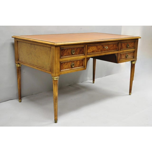 Mid 20th Century Vintage French Louis XVI Style Burl Walnut Tooled Leather Top Writing Desk For Sale - Image 5 of 18