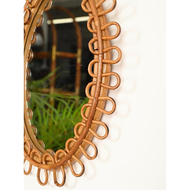 Wood Small Oval Mirror with Chain in Rattan and Bamboo by Franco Albini, Italy, 1960s For Sale - Image 7 of 9