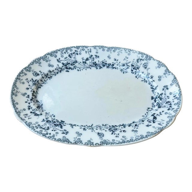 Antique W. H. Grindley Blue Fern Oval Ironstone Serving Platter, England C. 1891-1914 For Sale