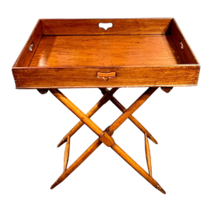 Antique Butler's Tray Table-Chestnut Wood-Dovetail-Original Stand-Folding-Serve