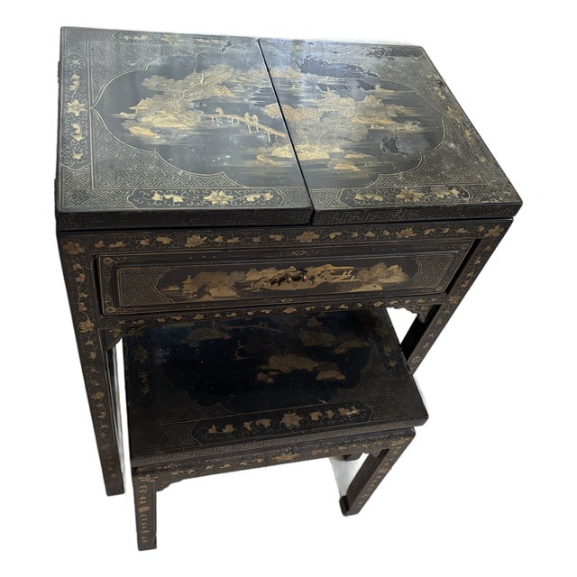 Vintage Chinoiserie Black Lacquer Folding Dressing Table/Vanity With Original Mirror and Matching Stool, 2 Pieces For Sale