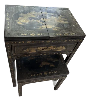 Vintage Chinoiserie Black Lacquer Folding Dressing Table/Vanity With Original Mirror and Matching Stool, 2 Pieces