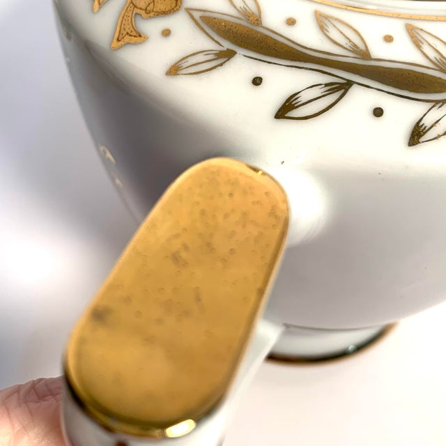 Metal 1950s Lefton China Teapot, Cream & Sugar Set, Hand Painted With 22k Gold, 50th Anniversary Set- 3 Pieces For Sale - Image 7 of 12
