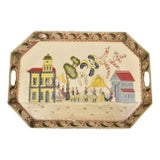 Vintage French Country Tole Metal Hand Painted Serving Platter Butler's Tray For Sale