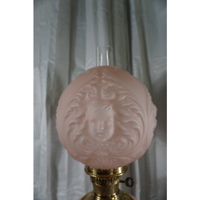 Victorian Antique Victorian Pink Satin Glass Cherub Banquet Oil Lamp With Embossed Putti Motif For Sale - Image 3 of 6