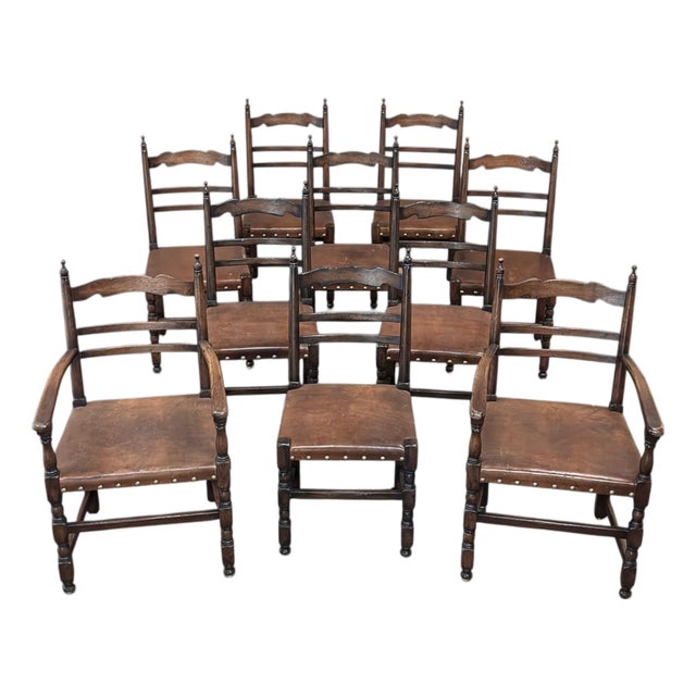 Set of Ten Country French Oak Dining Chairs in the Louis XIII Style, Includes 2 Armchairs For Sale