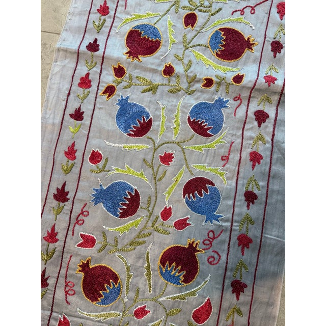 Mid-Century Modern Ivory Silk Suzani Table Runner With Pomegranates For Sale - Image 3 of 8