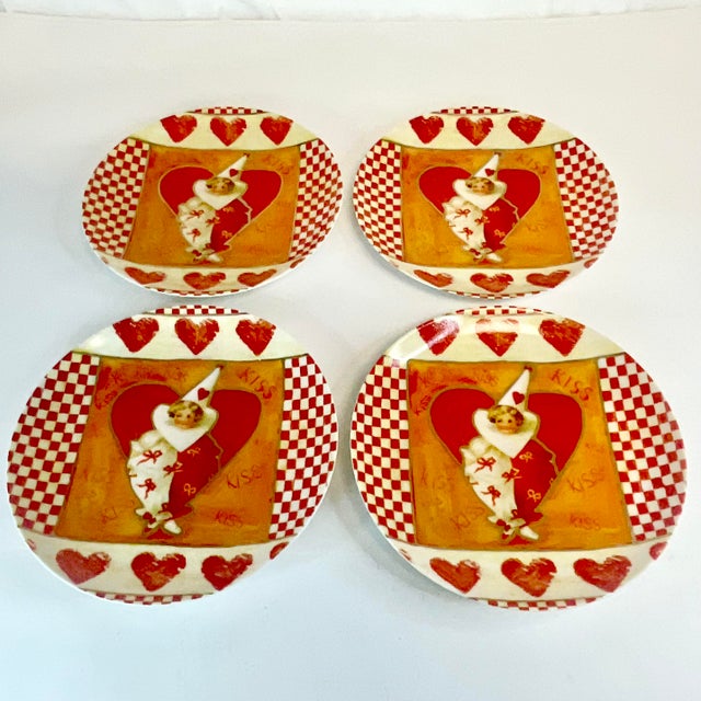 American 1970s Vintage Boho Chic Valentine Child Clown Heart Salad Plates - Set of 4. For Sale - Image 3 of 7