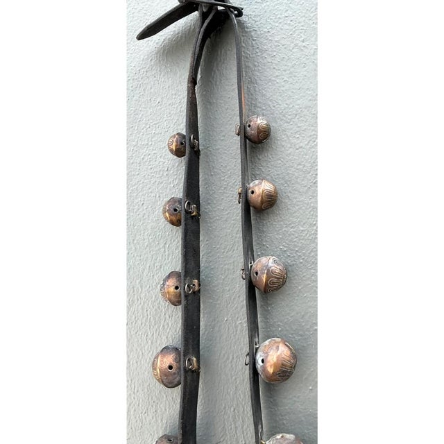 Metal Vintage Brass Sleigh Bells on Leather Strap For Sale - Image 7 of 12