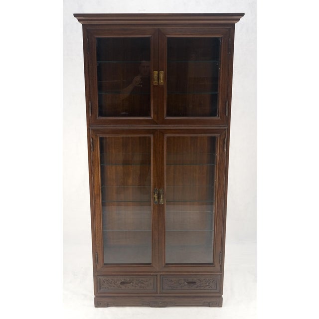 4 Doors Carved Teak 5 Shelves 2 Bottom Drawers 72" Tall Curio Cabinet Showcase For Sale - Image 13 of 14