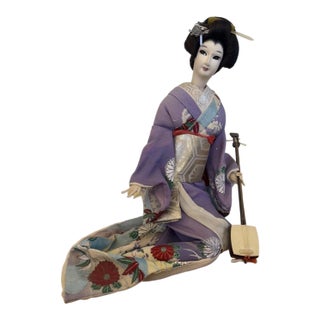 VTG Nishi & Co Japanese Geisha Doll in Ornate Kimono w/ Guitar on Bamboo Stand For Sale