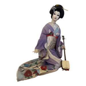 VTG Nishi & Co Japanese Geisha Doll in Ornate Kimono w/ Guitar on Bamboo Stand