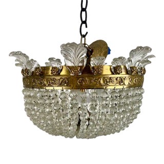 Vintage French Crystal Bowl 3 Light Pendant Light Basket For Sale