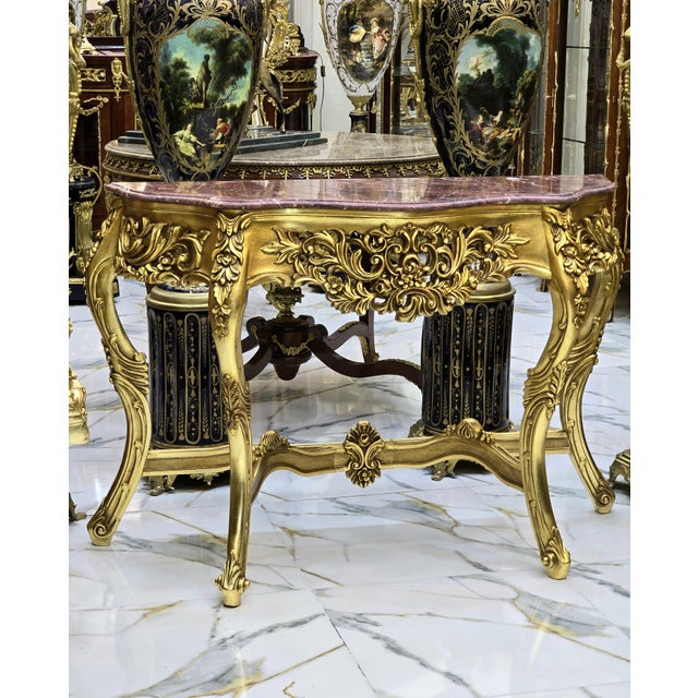 French Style Console Table Marble Topped Gold Details For Sale - Image 4 of 4