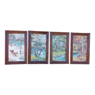 Vintage Folk Art Paintings "Four Seasons" Paint-by-Number 1972-Fishing Hole, Swans - Set of 4 For Sale