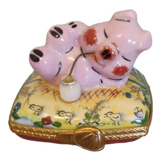 1980s Lt Pient Main Limoges France Trinket Box, Pig on a Pillow For Sale