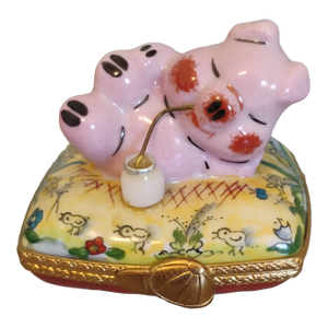 1980s Lt Pient Main Limoges France Trinket Box, Pig on a Pillow
