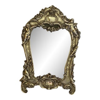 Antique Edwardian Jr Sterling Silver Art Nouveau Ornate Cherub & Bird Table Mirror Frame .925 Made in England 1910s For Sale