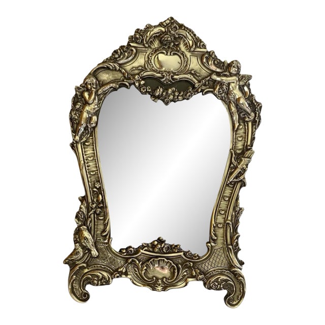 Antique Edwardian Jr Sterling Silver Art Nouveau Ornate Cherub & Bird Table Mirror Frame .925 Made in England 1910s For Sale