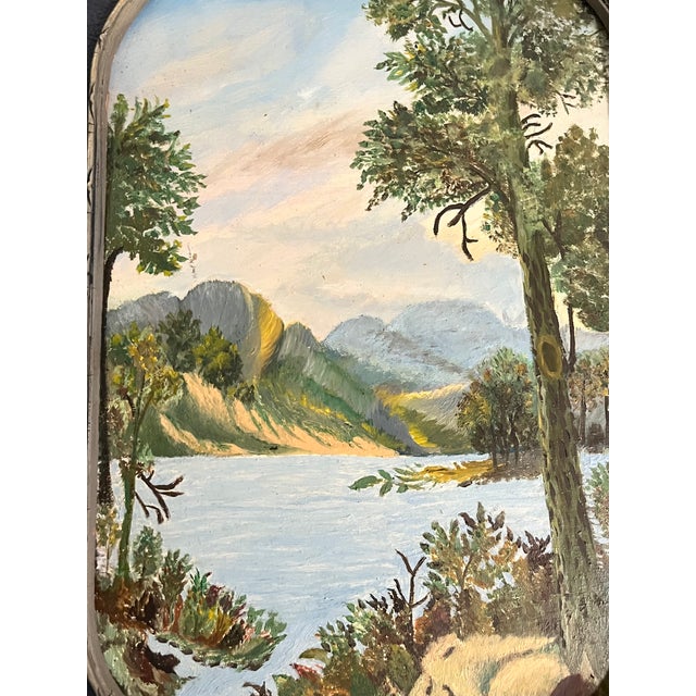 Vintage Folk Art Landscape Painting in Ornate Carved Frame For Sale - Image 9 of 10