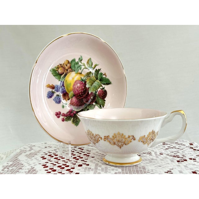 Victorian 1950s Royal Grafton Wide Mouth Teacup Set, Pale Pink With Fruit Interior For Sale - Image 3 of 9