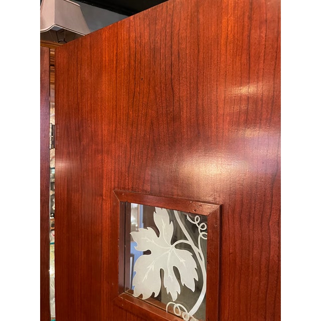 Vintage Art Deco Style Mahogany Etched Glass Three Panel Room Divider Screen For Sale - Image 10 of 13