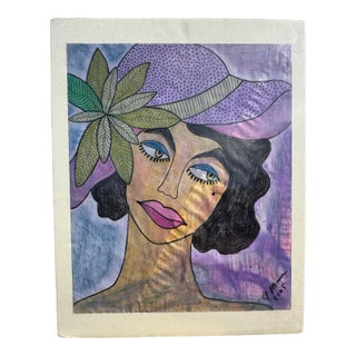 Jude Kirby Original Oil Pastel on Paper, “Lana” Lady With a Hat. For Sale