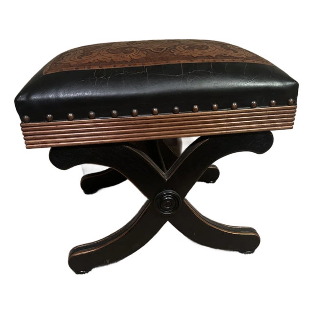 Western Stool With Two Tone Leather For Sale