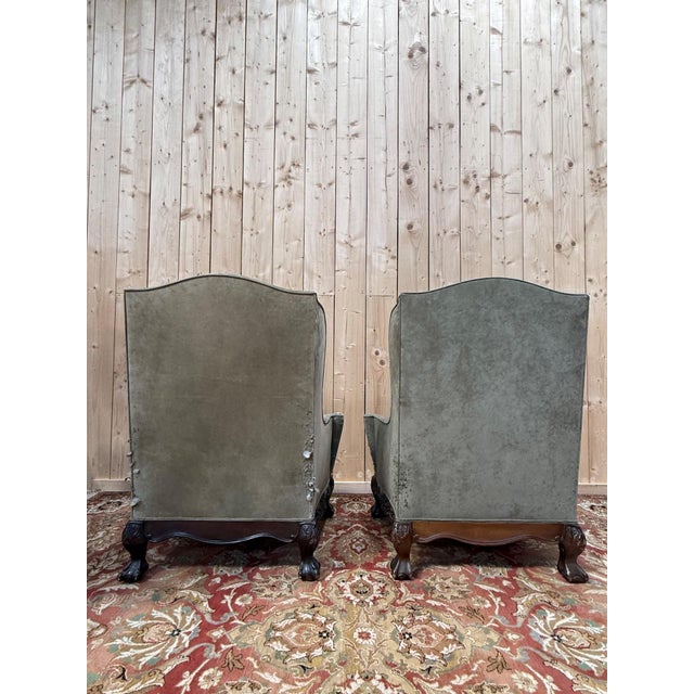 George III Style Wingback Armchairs in Carved Wood, 18th Century, Set of 2 For Sale - Image 6 of 8