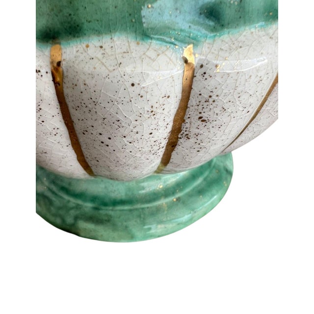 1960s 1960s Neoclassical Green & Cream Ceramic Urn Vessel With Ionic Motif Handles For Sale - Image 5 of 8