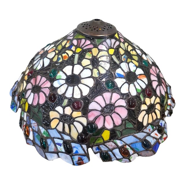 Vintage 1990s Artisan Stained Glass Floral Lampshade by Anne Thomason For Sale