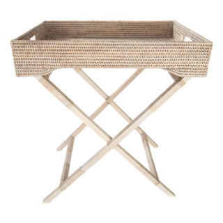 Artifacts Rattan Butler Tray Table 25.5" with Glass Insert, White Wash For Sale