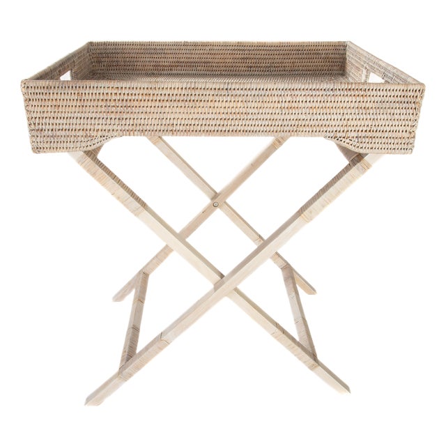 Artifacts Rattan Butler Tray Table 25.5" with Glass Insert, White Wash For Sale