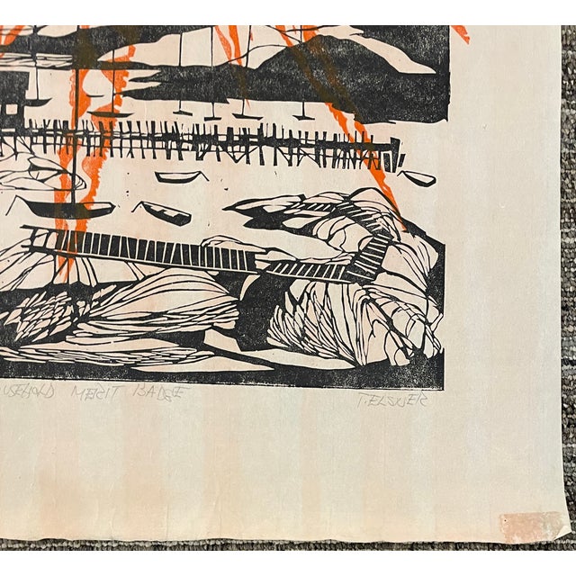 Thomas Elsner (born 1921) "Household Merit Badge" MCM woodcut on thin paper, pencil signed, titled and numbered 33 of 50....